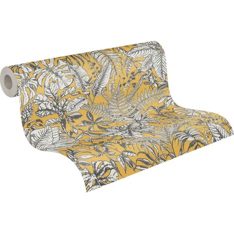 A.S. Creations – Papier peint feuilles tropicales jaune et gris – Dimensions 53 cm x 10,05 m – Raccord sauté 32 cm – Pose facile sans table à tapisser (1/5)