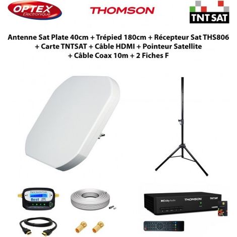 Antenne Sat Plate 40cm + Trépied 180cm + Récepteur Sat THS806 + Carte TNTSAT + Câble HDMI + Pointeur + Câble Coax 10m + 2 Fiches F (1/5)