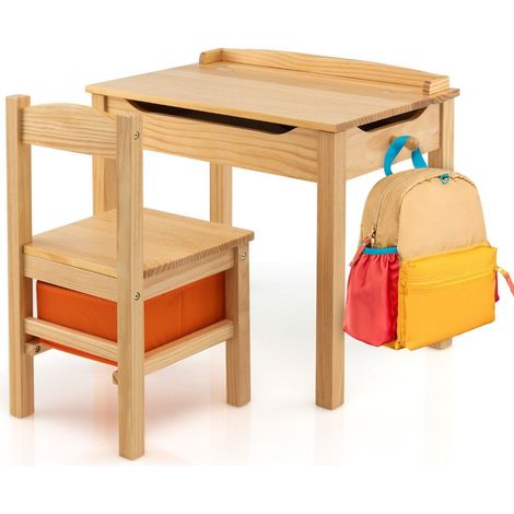 Kindertisch stuhl aus massivholz mit klappbarer tischplatte schublade haken natur