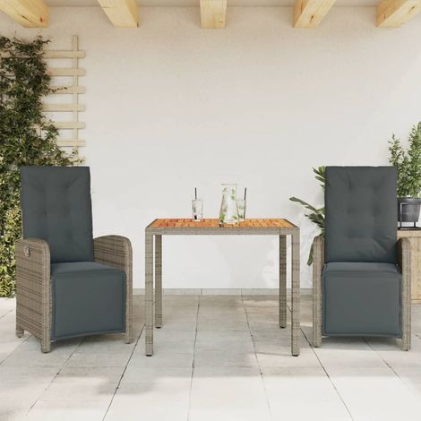 Ensemble bistro 3 pièces gris en résine tressée avec 2 fauteuils inclinables et coussins - PANGIVO (1/5)