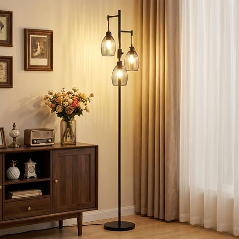 Lampada da Terra Industriale con 3 Paralumi e Intensità Regolabile, in Acciaio, 30x30x170.5 cm, Nero