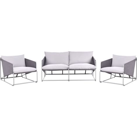 Set composto da divano basso oversize e 2 sedie in metallo con cuscini per schienale e seduta da interno ed esterno grigio Ponte