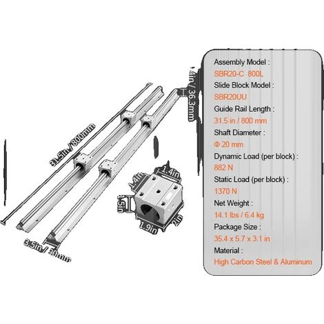 Rails de Guidage Linéaires, Haute Précision, Fonctionnement Silencieux, SBR20 800MM (1/2)
