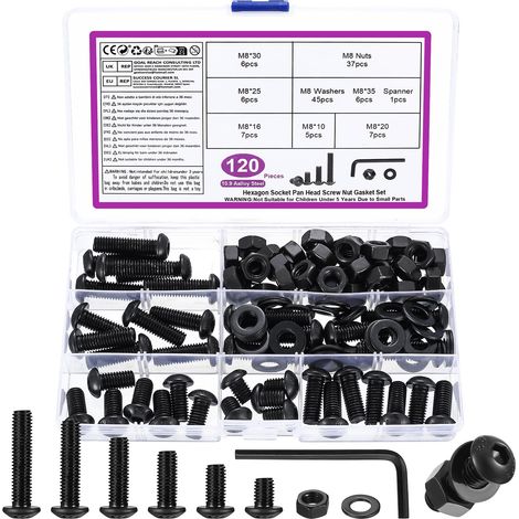 120 Pcs M8 Jeu de Vis et Écrous, Vis Boulon et Écrous à Tête Hexagonale Noir Vis à Tête Hexagonale Ronde et Écrous et Rondelles Assortiment Kit,et Clés,Acier Au Carbone Vis à Six Pans Creux à Tête (1/5)