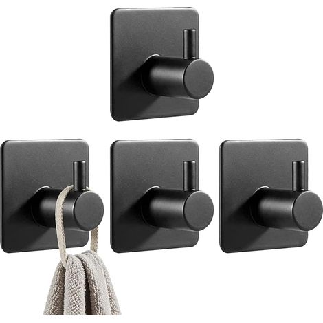 Crochet Adhésif Mural Patere Murale - 4 en Acier Inoxydable Noir Résistant - Accroche Torchon Cuisine et Patere Salle de Bain pour Derrière les Portes - Fixation Sans Perçage (1/5)