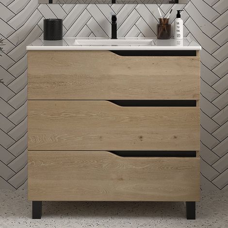 Meuble sous vasque seul, 3 tiroirs, 70cm, pour simple vasque - madera miel (chêne clair) - MATA