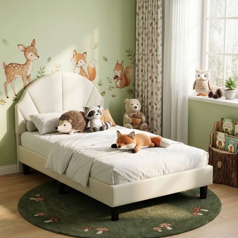 JOOKGBD-Letto Bambino 90x190 cm,Letto Singolo Imbottito con Testiera Regolabile in Altezza,Rete a Doghe in Legno Inclusa,Velluto Morbido e Confortevole per Ragazze e Adolescenti,Beige