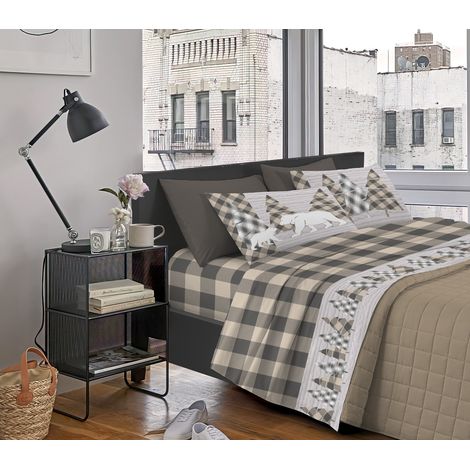 Completo Letto Stampato Made In Italy 100 % Cotone Set Lenzuolo Sopra Sotto Federe Canada Beige - Una piazza e mezza (1/3)