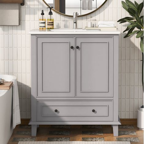 Meuble de salle de bain avec vasque 76 x 46 x 87 cm, gris, 2 portes, 1 tiroir, pieds en bois DESVIAE (1/5)