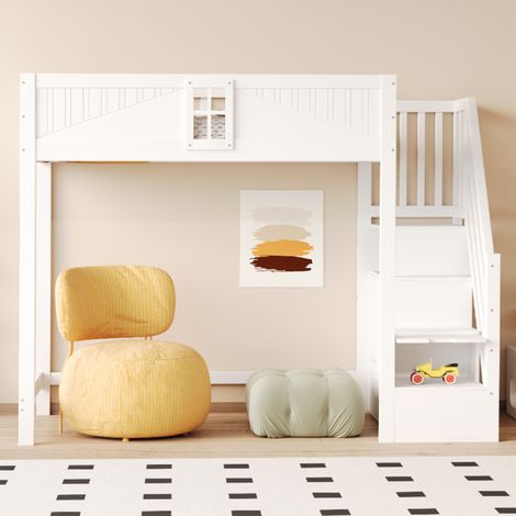 Lit mezzanine en bois massif 90x200 cm, porte de sécurité unique avec fenêtre, échelle latérale de rangement réversible gauche/droite, lit multifonction blanc (1/5)