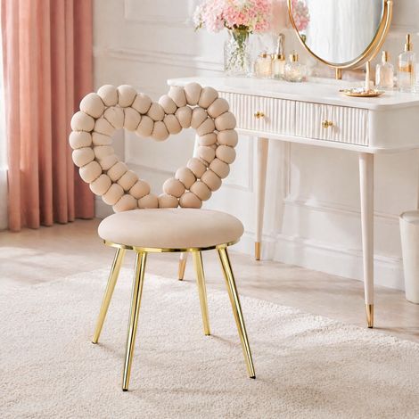 Juego de 2 sillas de comedor, respaldo con diseño calado en forma de corazón, patas de metal negro, terciopelo beige claro (1/5)
