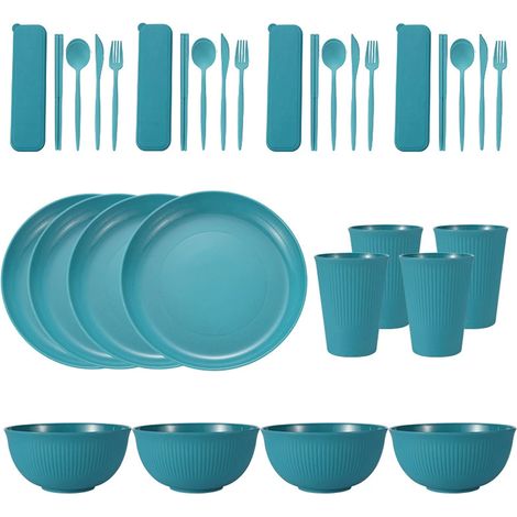 Service de table portable en paille de blé (bols, assiettes et tasses), couteau, fourchette, cuillère et baguettes portugaises. Ensemble de 36 pièces. (1/5)