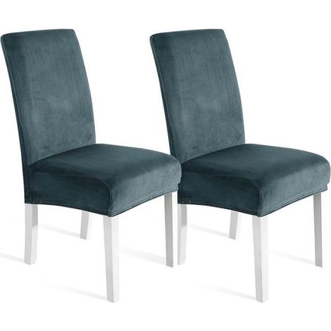 Lot de 2 housses de chaise en velours : élastiques, universelles, salle à manger, bleu gris HOUSSE DE CHAISE (1/5)
