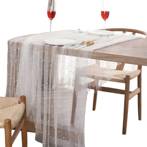 Nappe respirante ornée de perles, idéale pour les mariages, les fêtes et la décoration intérieure. Plusieurs tailles disponibles. Blanche. (1/5)