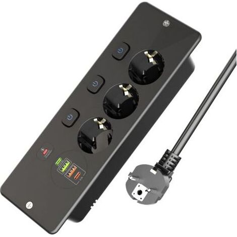 VURAHOME – Einbau-Steckdosenleiste mit 3 Steckdosen, 2 USB-A- und 2 USB-C-Anschlüssen, Einbau-Tischsteckdosenleiste mit Einzelschalter für Möbel oder Arbeitsplatten, Schwarz (1/5)
