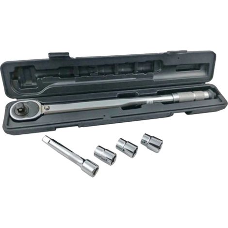 Llave dinamométrica, rango de par 28-210 Nm, longitud 1/2 pulgada, incluye 3 tamaños de vasos, precisión de calibración ±3%, peso aproximado 1,5 kg. (1/5)