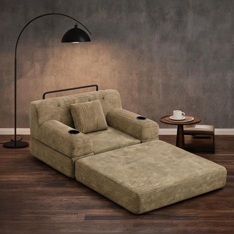 Canapé-lit 1 place en velours côtelé kaki avec rangements khaki (1/5)