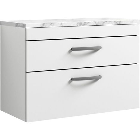 Millwich Contemporary 2 Drawer Wall Hung Vanity Unit with Laminate Carrara Marble Worktop, Gloss White, 800mm