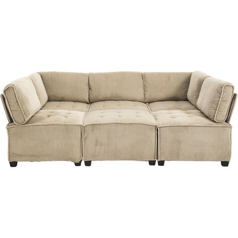 Modulares 6-Sitzer-Sofa aus beigem Cord, U- oder L-formbar, mit Seitentaschen (1/4)