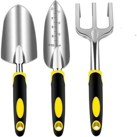 Ensemble d'outils de Jardinage 3 pièces en Aluminium Robuste Comprenant Une truelle de Transplantation et Un râteau à Main, Un Manche Ergonomique en Caoutchouc antidérapant (1/4)
