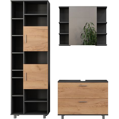 Badmöbel-Set Ilias, Goldkraft Eiche/Anthrazit, 3 Teile, mit Hochschrank, Vicco (1/5)