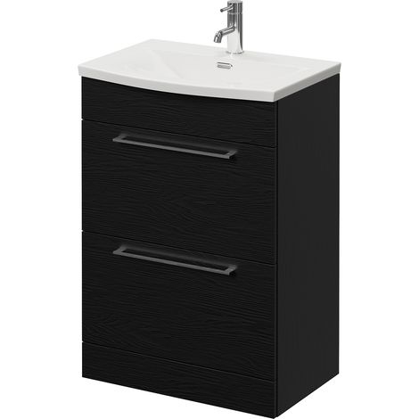 Napoli 390 Nero Oak 600mm 2 Drawer Vanity Unit with Arc Basin - 600mm - Chrome 320mm Handle
