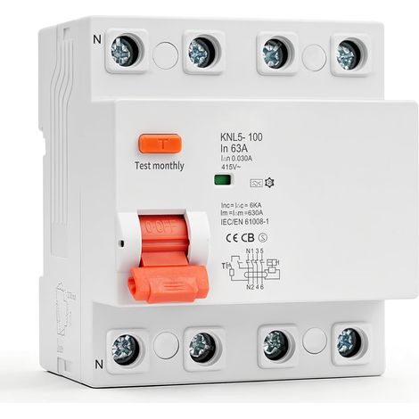 Disjoncteur différentiel 30mA 63A Type A interrupteur différentiel 4P 63A 30mA 6KA RCCB 4 pôles AC415V Voyant Tricolore Contacts argentés avec protection contre les fuites à la terre (1/5)