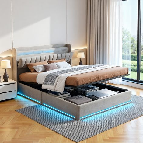 Polsterbett Doppelbett 140x200 cm mit hydraulischem Stauraum, mit LED und USB-Ladestation, Modernes Jugendbett, Bettgestell mit Kopfteil und Lattenrost, Velour Grau, Ohne Matratze