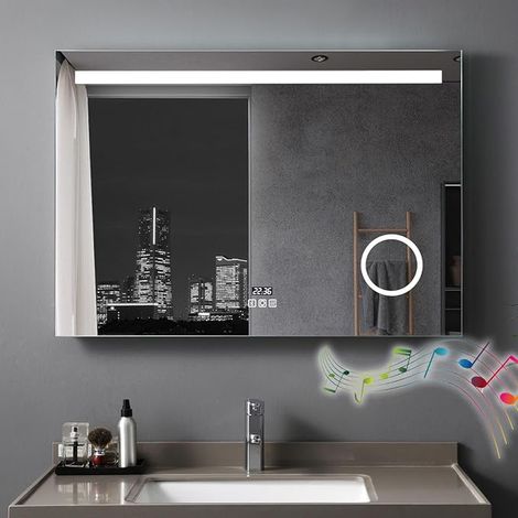 Illuminated Bathroom Mirror 120 x 80 cm LED Bathroom Wall Mirror with Illumination - Bluetooth, Anti-Fog, 3 Lights Dimmable, Clock, Plug, 3X Magnifying Glass, Rectangular, Touch (1/5)