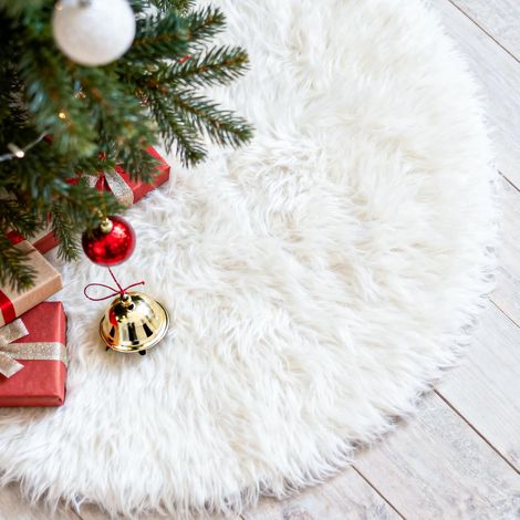 Jupe sapin Noël blanche 90 cm, fausse fourrure douce avec 5 fixations, décor hiver intérieur (1/4)