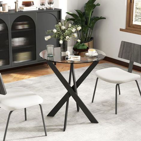 Table à manger 70 x 75 cm plateau en verre trempé table de cuisine ronde 4 places pieds en acier design moderne noir et transparent (1/5)