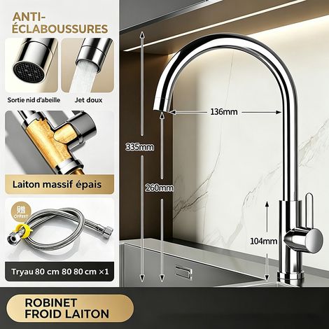 Robinet de cuisine à col de cygne, mono‑commande froide, en acier inoxydable – rotation 360° – corps renforcé et alourdi – sans plomb – livré avec tuyau d’alimentation de 80 cm