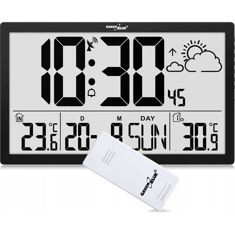 RELOJ DE PARED LCD GRANDE VERDE AZUL ESTACIÓN METEOROLÓGICA GB2