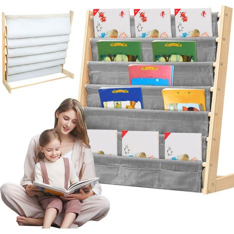 Bibliothèque pour enfants avec poche, 6 niveaux, bois naturel, étagère de rangement pour livres (1/5)