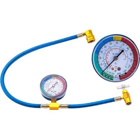 Tubo metálico de carga de refrigerante, apto para aires acondicionados R134A, con manómetro (compatible con las normas estadounidenses y europeas). (1/4)
