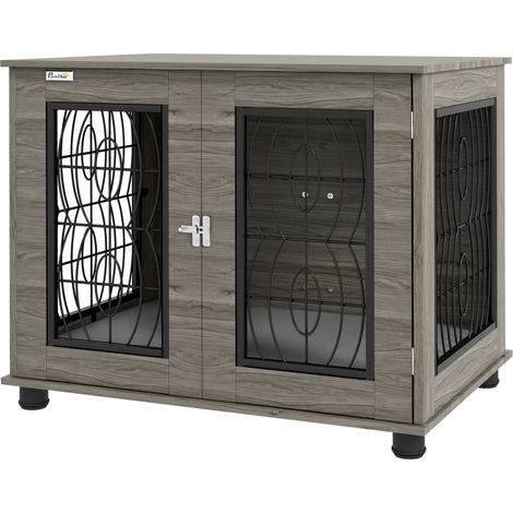Gabbia per cani con cuscino lavabile in metallo e finitura effetto legno 80x56x63 cm grigio MODENUIT (1/4)