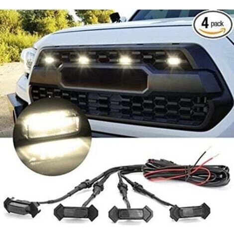 LED-Kühlergrillleuchten (4 Stück, schwarzes Gehäuse mit warmweißem Licht) mit Kabelbaum und Sicherung für Toyota Tacoma TRD PRO 2016 2017 2018 Frontgrill