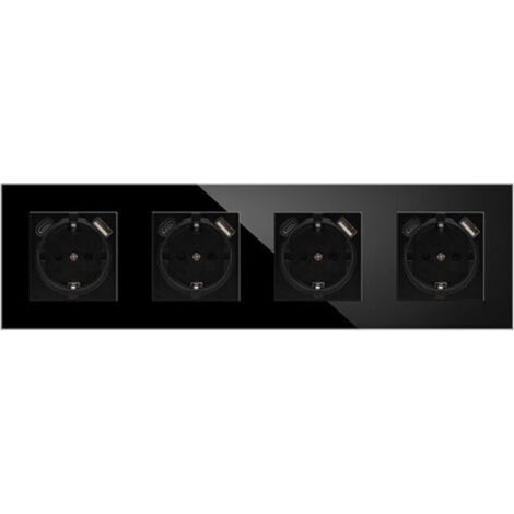 Quadruple wall socket with 4 USB ports, 16A AC socket with glass panel, wall-mounted power strip max 2.1A, suitable for smartphones and tablets (4 sockets with 1 USB port, black) (1/2)