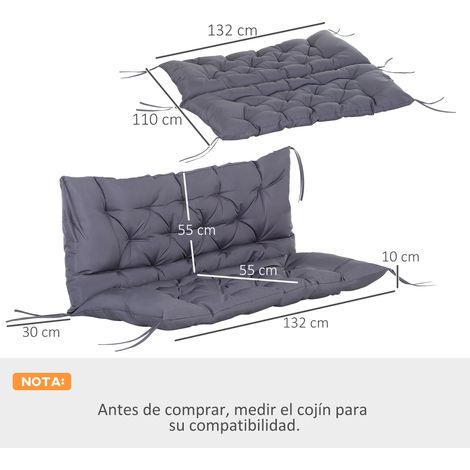 Cuscino per panchina o sedia a dondolo da giardino, 132x110x10 cm, 2 posti, con 6 corde di fissaggio, grigio scuro.
