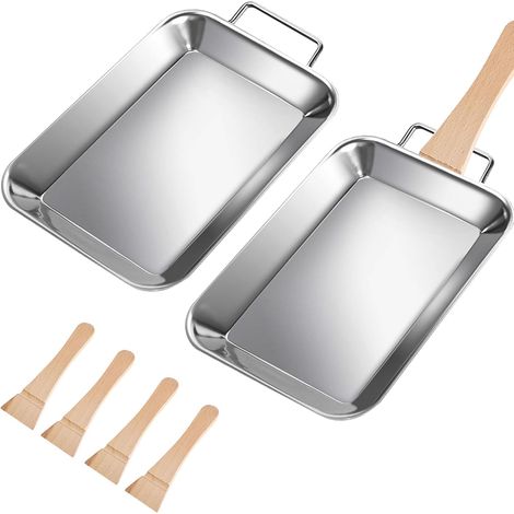 2 Pièces Plat Four Inox 20 × 12.8 cm, avec Poignée en Bois, Résistante à la Chaleur, Adaptés aux Pique-Niques, au Camping et aux Restaurants avec Barbecue (Argent) (1/5)