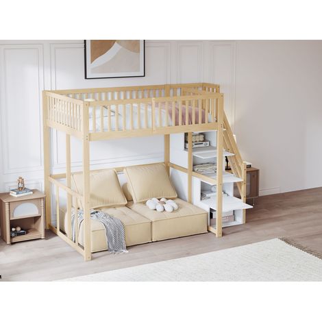 Lit mezzanine 140x200cm avec échelle de rangement sécurisée, garde-corps de protection, cadre en pin massif, idéal enfant ado adulte, teinte bois naturel (1/5)