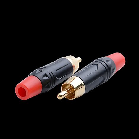 Male RCA plug with red electrophoretic aluminum housing, RCA audio/video plug with gold-plated copper connector, male RCA plug with self-assembly lotus head (1/5)