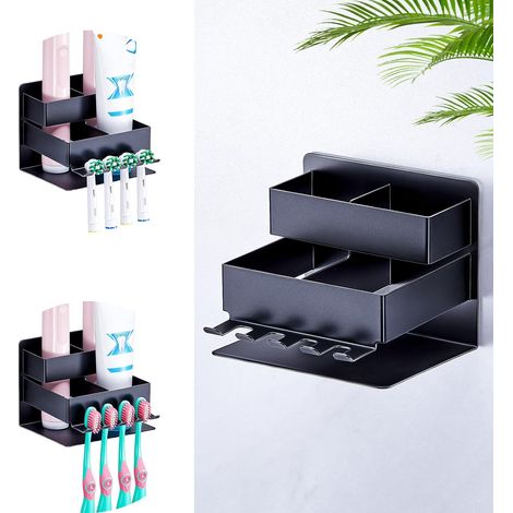 Porte Brosse à Dents Electrique, Porte-Dentifrice Salle de Bain, Installation sans Perçage, Support Brosse a Dent, Porte Brosse à Dents Mural Adhesif, Rangement Brosse a Dent (Noir) (1/5)