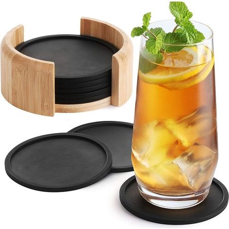 Round silicone coasters for glasses - set of 8 incl. box - Designer black glass coasters for drinks, cups, bar, glass - Silicone table coaster (1/5)