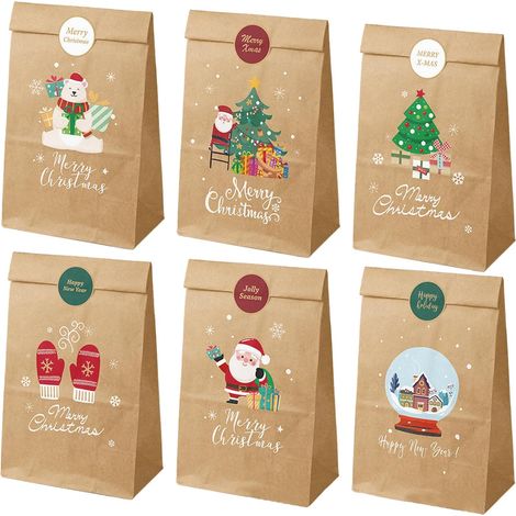 Sacs cadeaux de Noël (12 pièces) - Papier kraft brun avec autocollant, 12 x 22 cm, 6 motifs, réutilisables, adaptés aux fêtes, bonbons, biscuits (1/5)