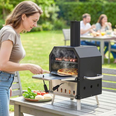 Four à Pizza Extérieur à Bois et Charbon 2 Étages Combiné Barbecue Fumoir Pierre de 30 cm et Pelle Portable Noir