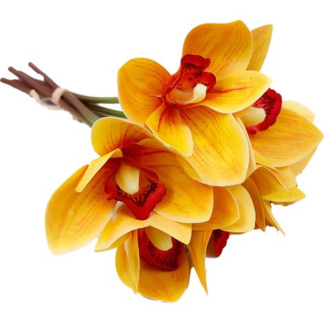 Décor de fausses orchidées à 6 tiges, fleurs en soie imprimées en 3D, décorations florales en fil de fer pour fêtes de mariage, jaune (1/5)