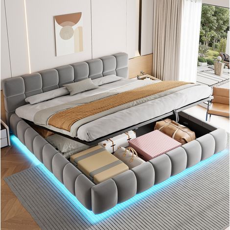 Letto matrimoniale 180x200 cm grigio in velluto con contenitore idraulico e LED (1/5)