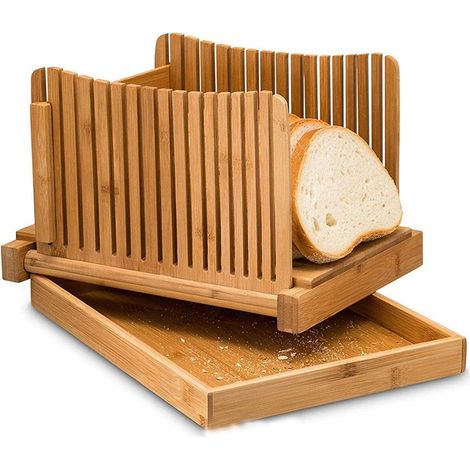 Trancheuse à Pain Pliable en Bois de Bambou, Trancheuse à Pain, Trancheuse Réglable Pain, avec Plateau Récupérateur de Miettes, pour Tranches D'épaisseur Rapidement et en Toute Sécurité
