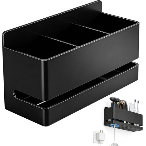 Boîte de rangement noire pour salle de bain, avec 3 compartiments et bac d'égouttement amovible, sans perçage, pour brosses à dents et cosmétiques (1/5)